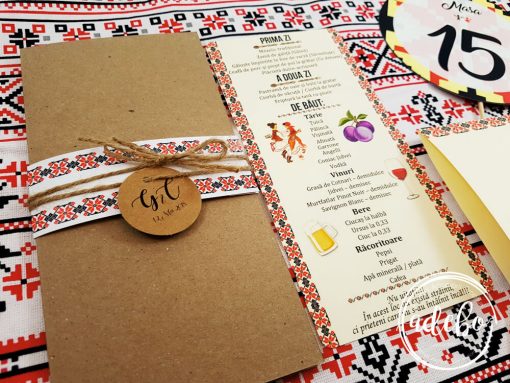 Invitatie - meniu - numar masa nunta motive traditionale