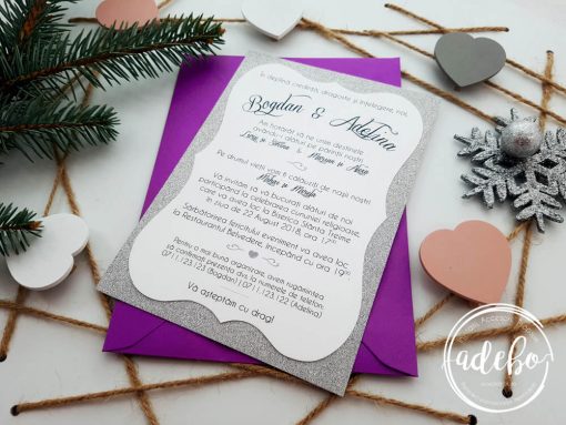 Invitatie nunta Melek - carton sidefat si plic mov