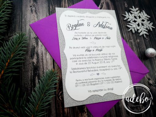 Invitatii nunta carton sidefat cu sclipici si plic ultraviolet - Melek