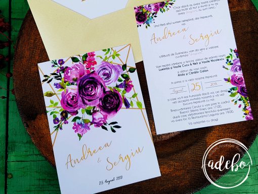 Invitatie nunta cu flori mov