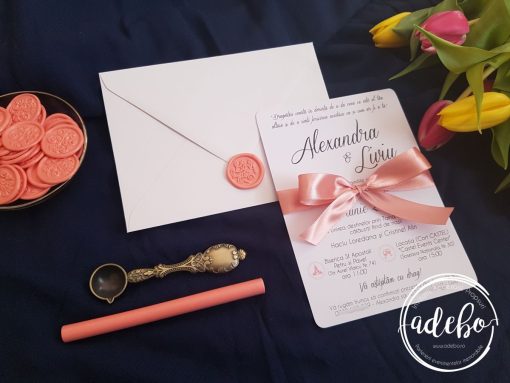Invitatie nunta Loren - Panglica si sigiliu ceara roz