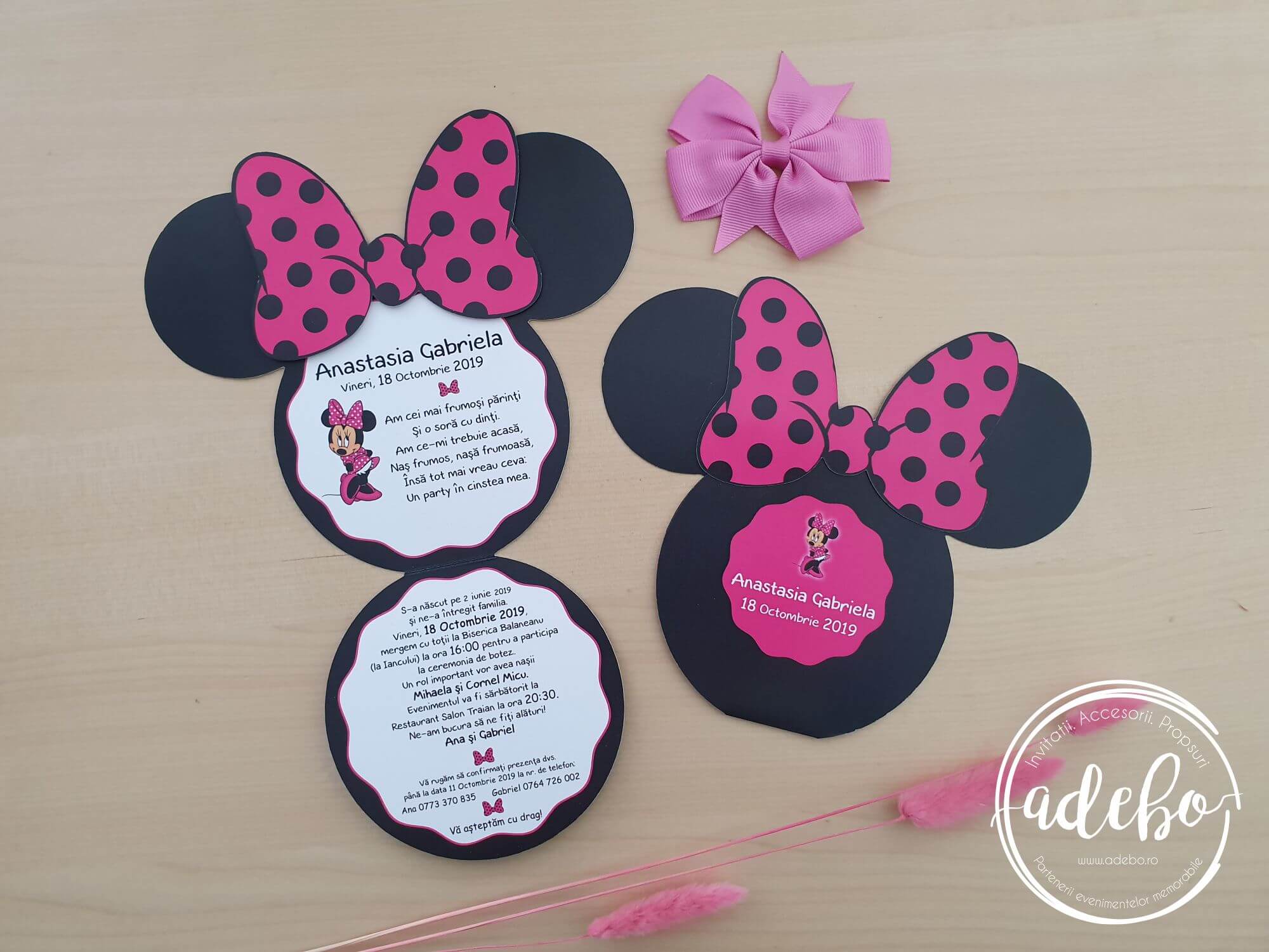 Invitatie botez Minnie Mouse - roz inchis