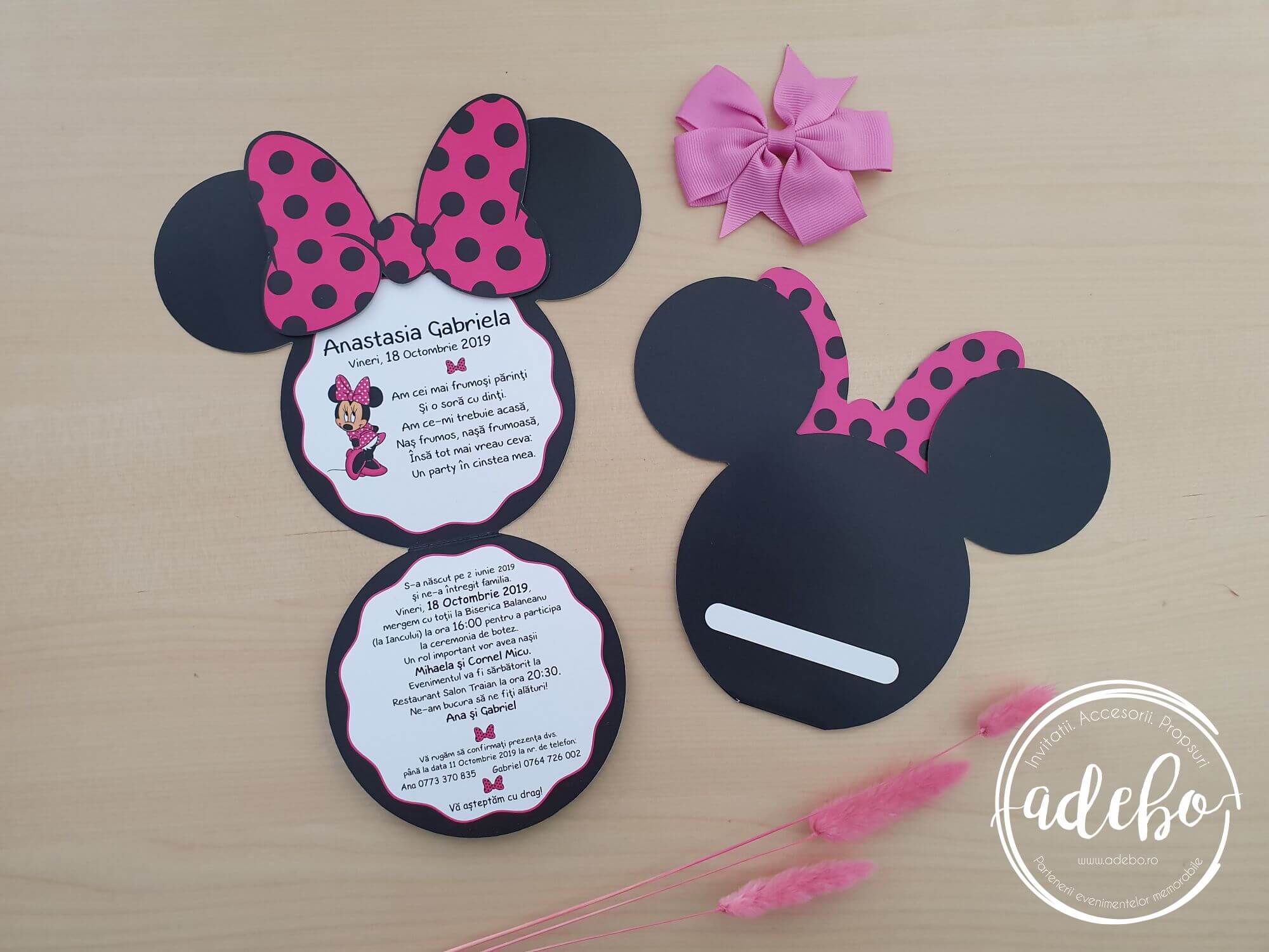 Invitatie botez Minnie Mouse - roz inchis - imagine 2