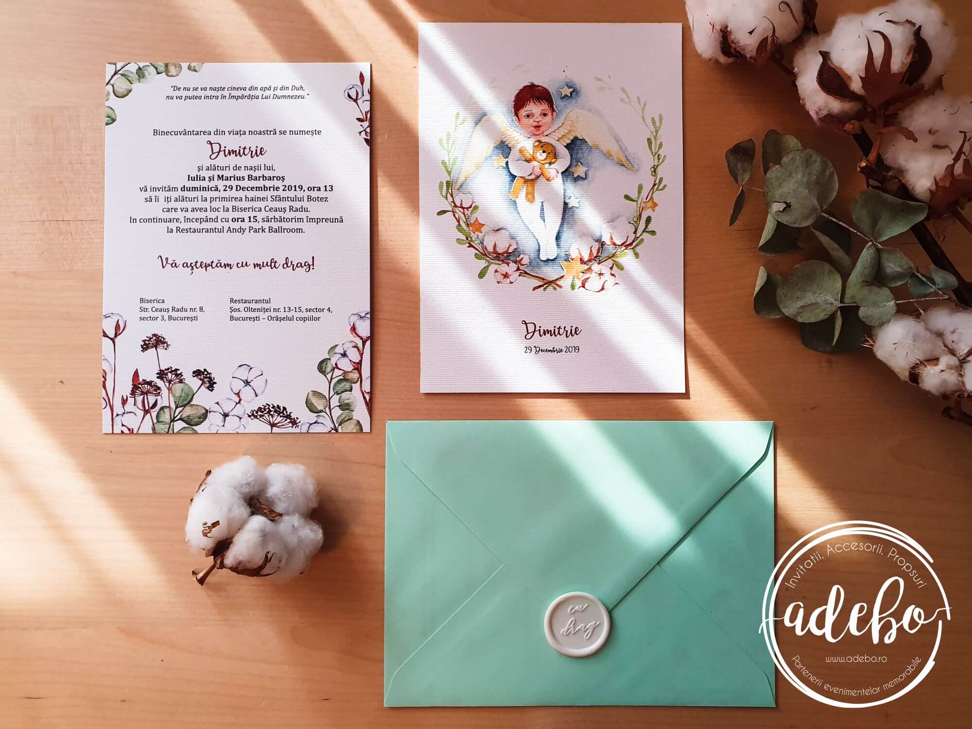 Invitatie botez flori bumbac