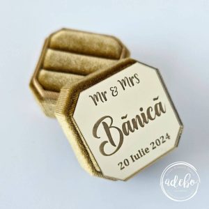 Cutiuta verighete catifea aurie personalizata