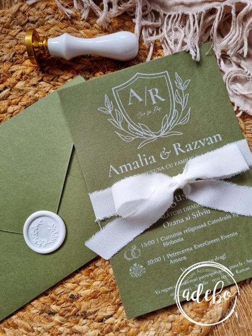 Invitatie nunta monograma carton verde