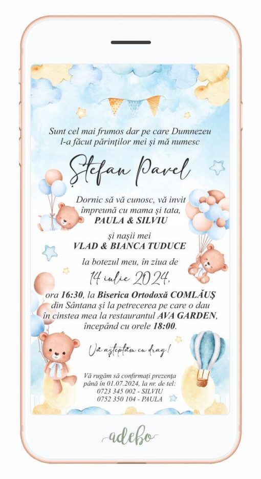 Invitatie botez digitala Ursuleti si baloane