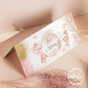 Plic bani botez - ursuleti si baloane roz 1