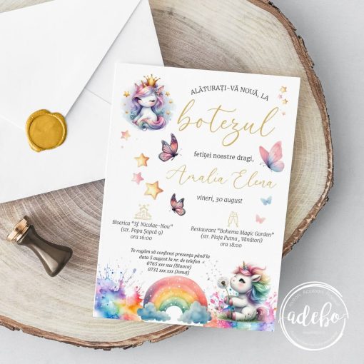 Invitatie botez - Unicorn si fluturi