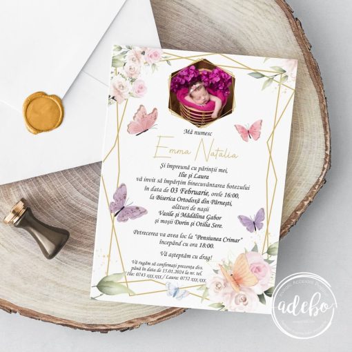 Invitatie botez cu fluturi si flori