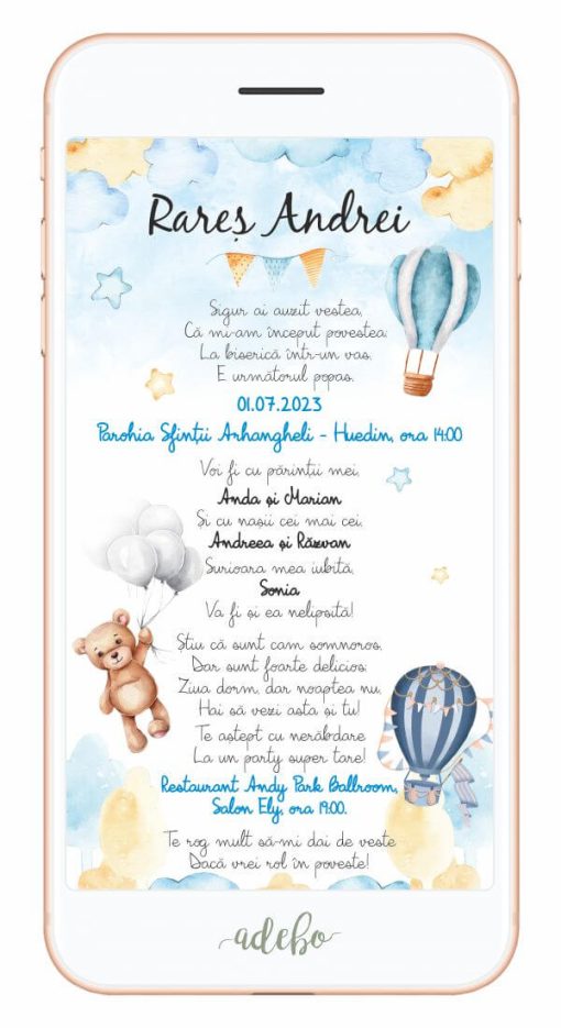Invitatie online botez - Ursulet si baloane