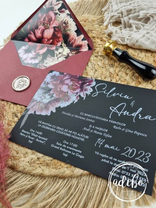 Invitatie de nunta Florala burgundy cu plic manual