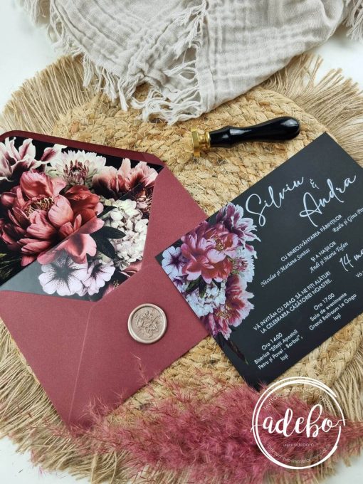 Invitatie de nunta Florala burgundy - invitatii personalizate