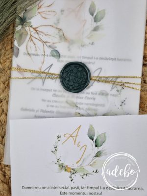 Invitatie nunta cu eucalipt si auriu 1