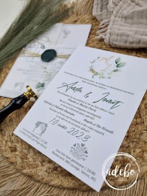 Invitatie nunta cu eucalipt si auriu 2