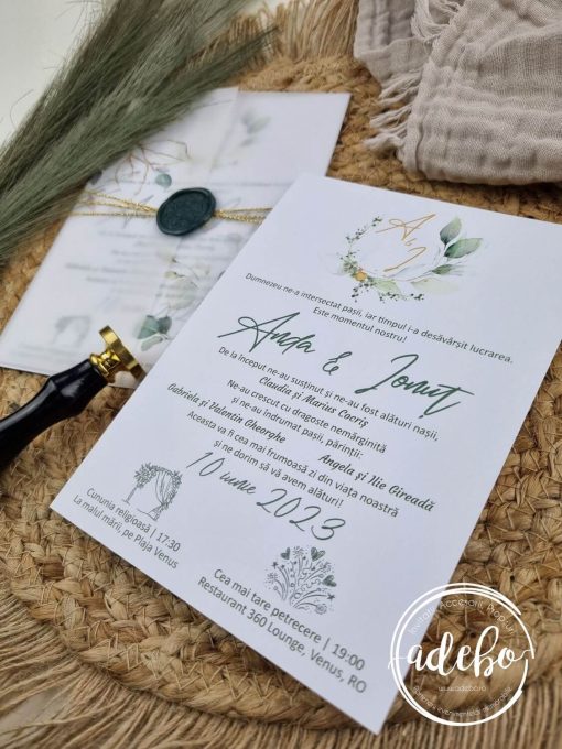 Invitatie nunta cu eucalipt si auriu 2