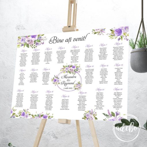Lista invitati cu flori mov lila pastel