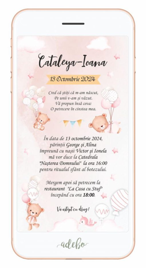 Invitatie digitala - Ursulet si baloane albe