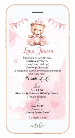 Invitatie digitala botez - Ursulet roz