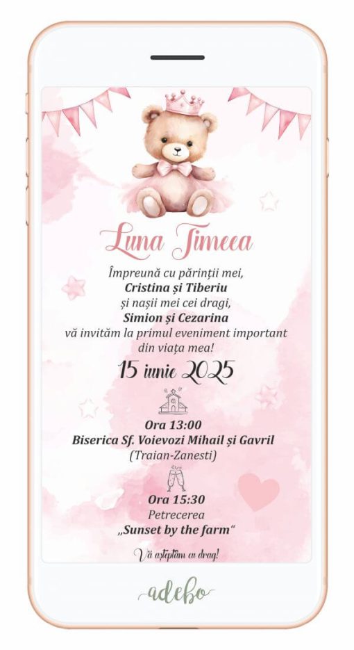 Invitatie digitala botez - Ursulet roz