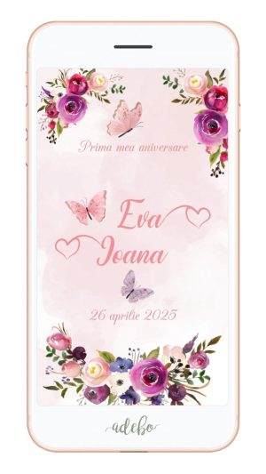 Invitatie digitala video - Fluturi si flori mov