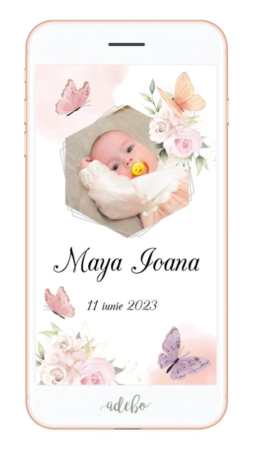 Invitatie digitala video cu poza bebelusului