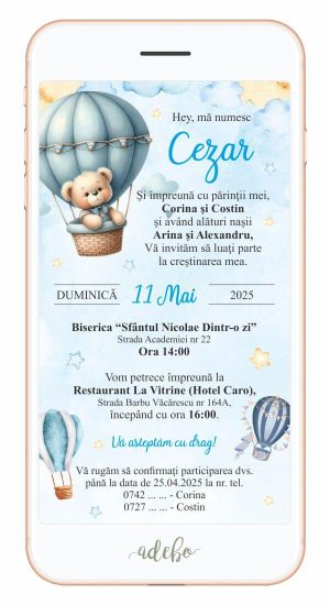Invitatie electronica Ursulet in balon cu aer cald