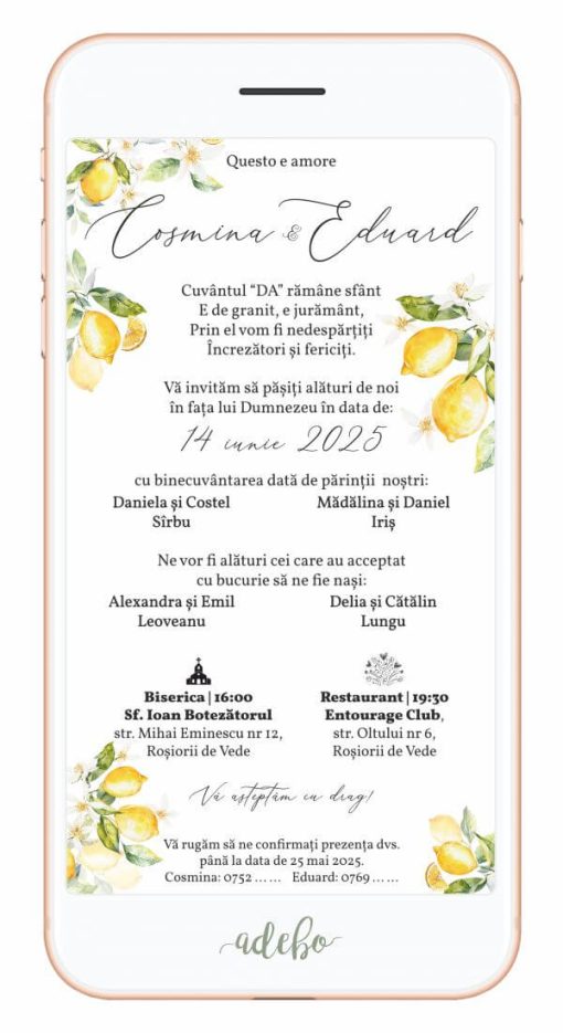 Invitatie nunta digitala cu lamai