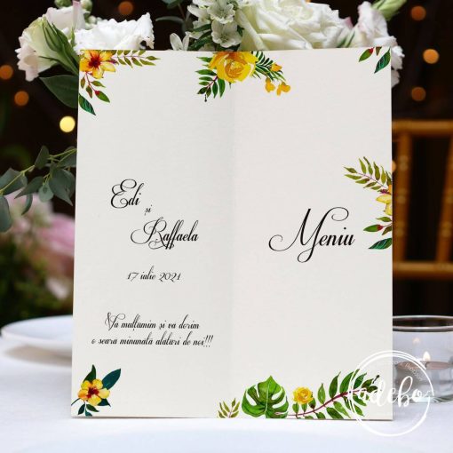 Meniu nunta flori galbene si verdeata