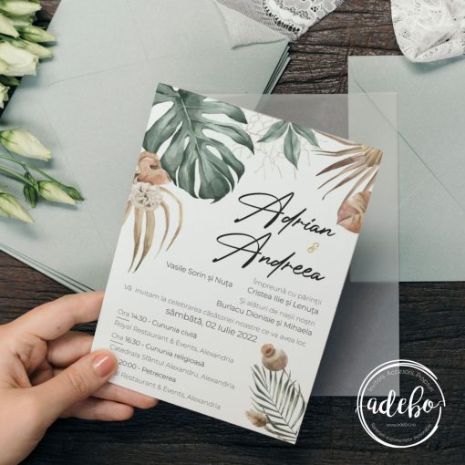 Invitatie nunta Monstera & pampas
