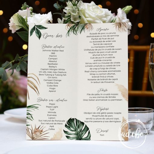 Meniu nunta Frunze palmier si pampas
