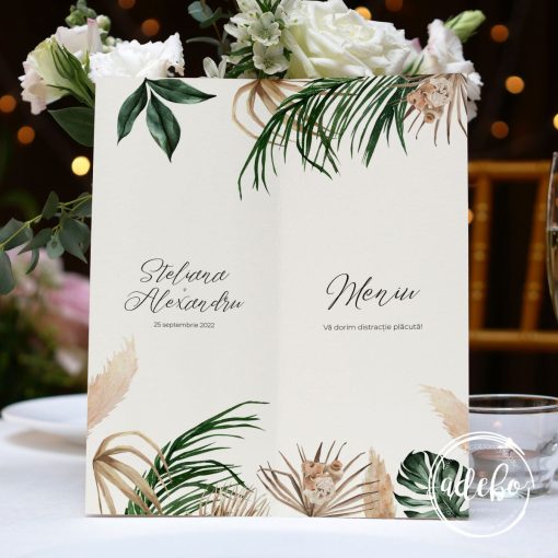 Meniu nunta - Frunze palmier si pampas