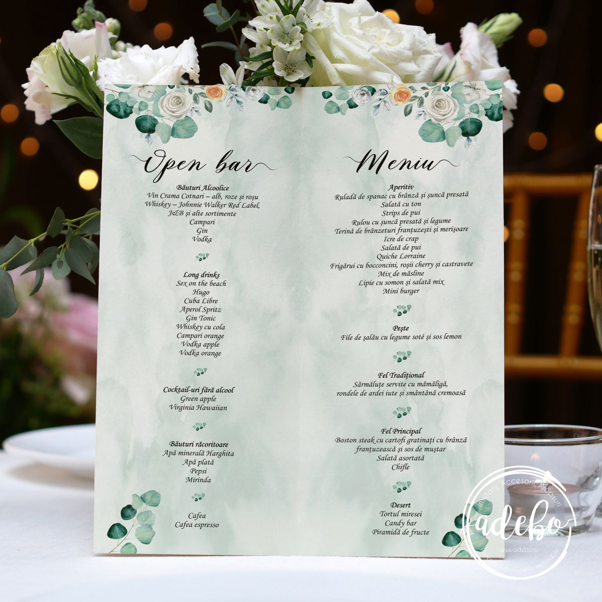 Meniu nunta eucalipt trandafiri
